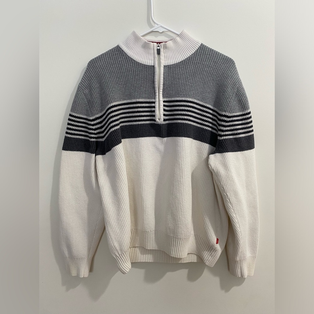 IZOD 1/4 Quarter Zip Knit Pullover Sweater Mens Cotton Stripes Size Large